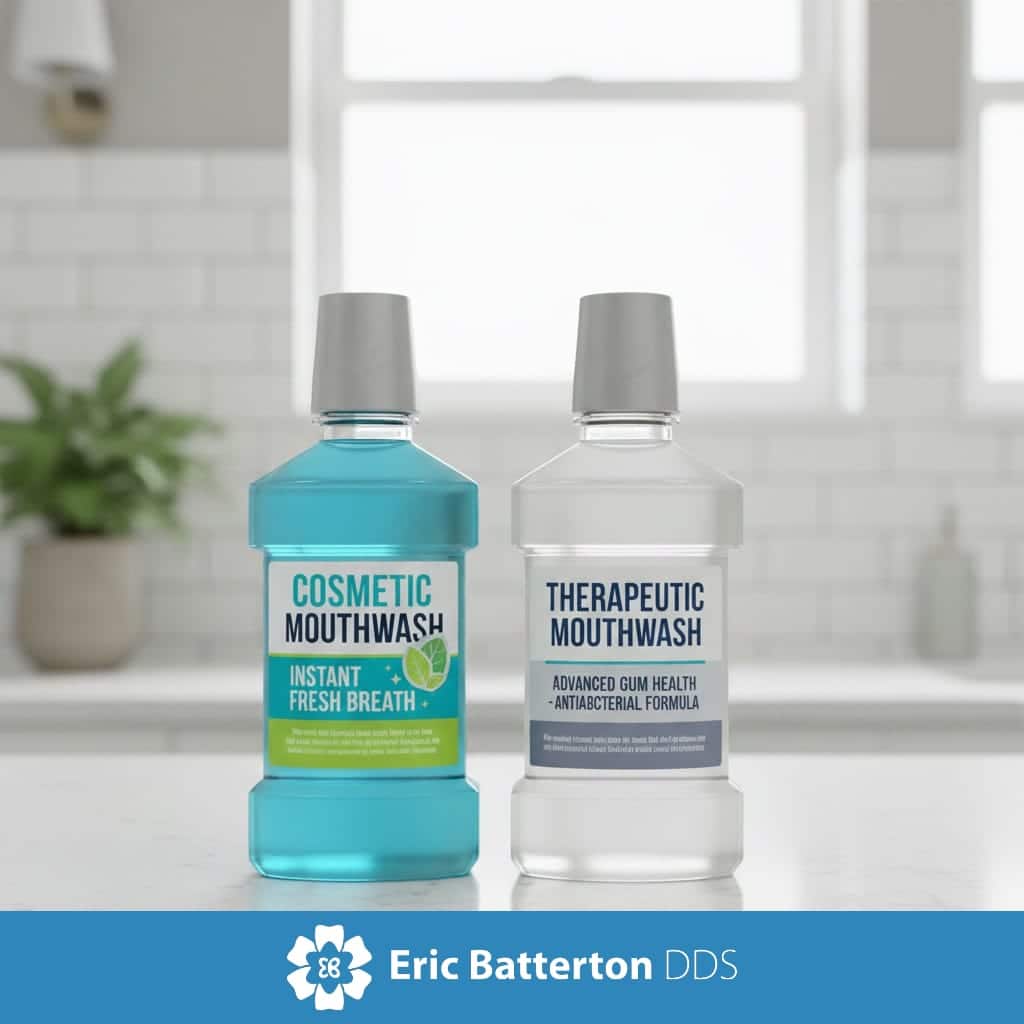Two mouthwash bottles labeled cosmetic mouthwash for fresh breath and therapeutic mouthwash for gum health displayed on a bathroom counter.