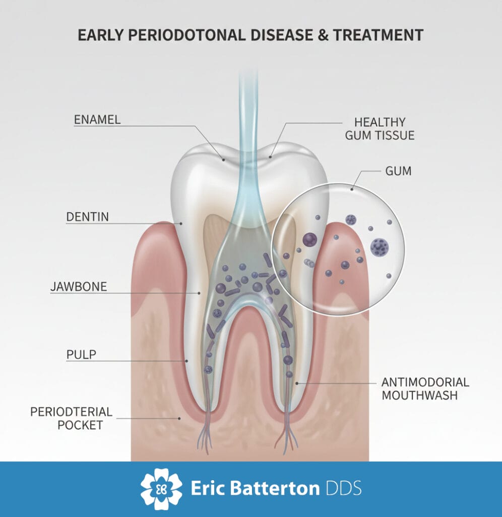 Diagram of early periodontal disease showing tooth anatomy, gum tissue, periodontal pocket, and bacteria buildup with treatment illustration.