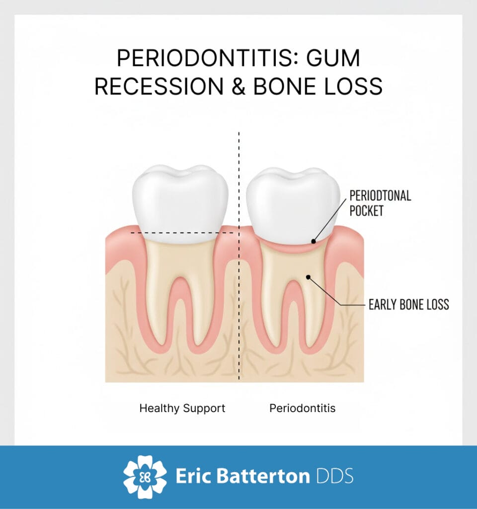 Illustration comparing healthy tooth support to periodontitis with periodontal pocket formation and early bone loss.